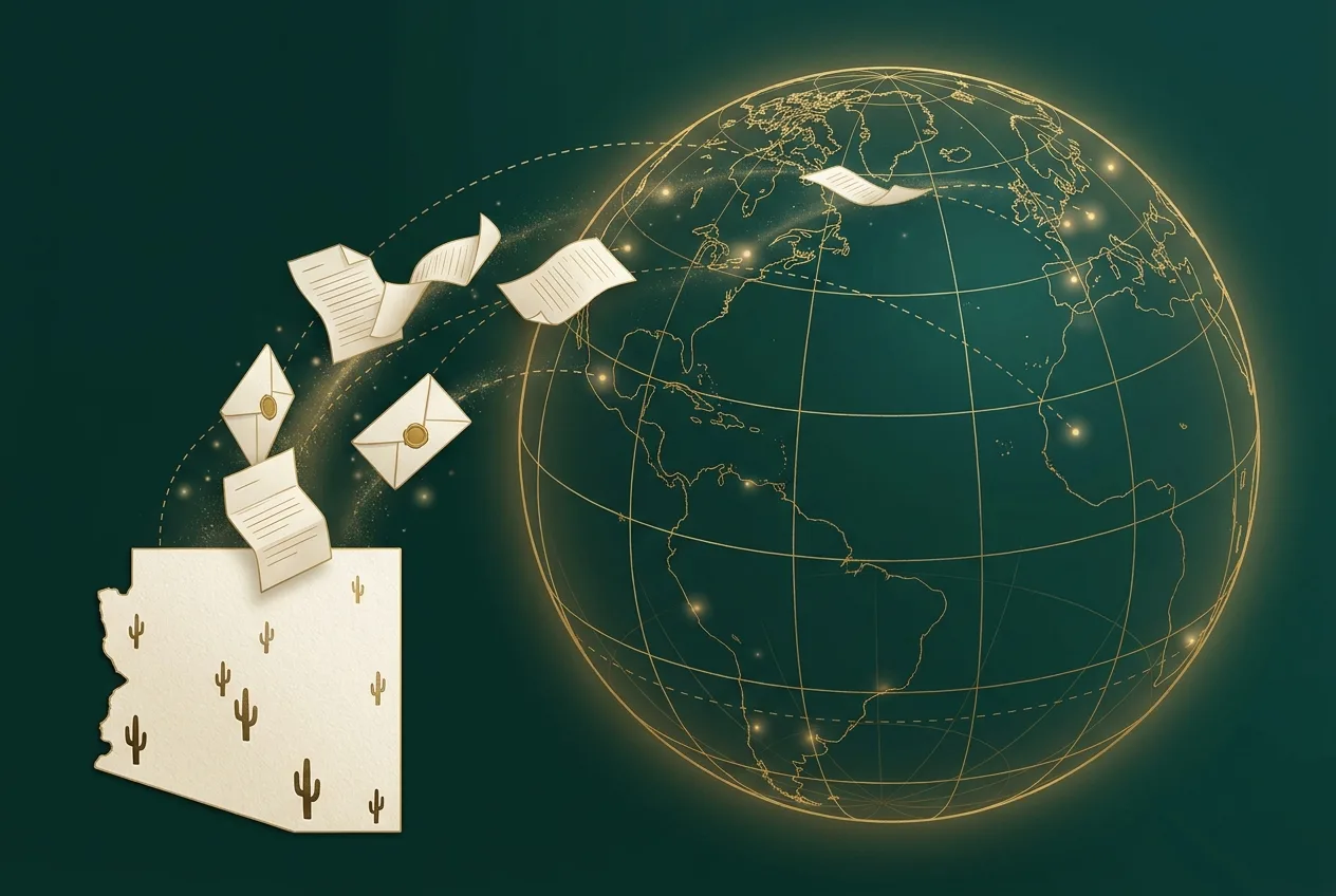 Gold-line illustration of paper documents and envelopes flying out of Arizona across a glowing globe on deep green.