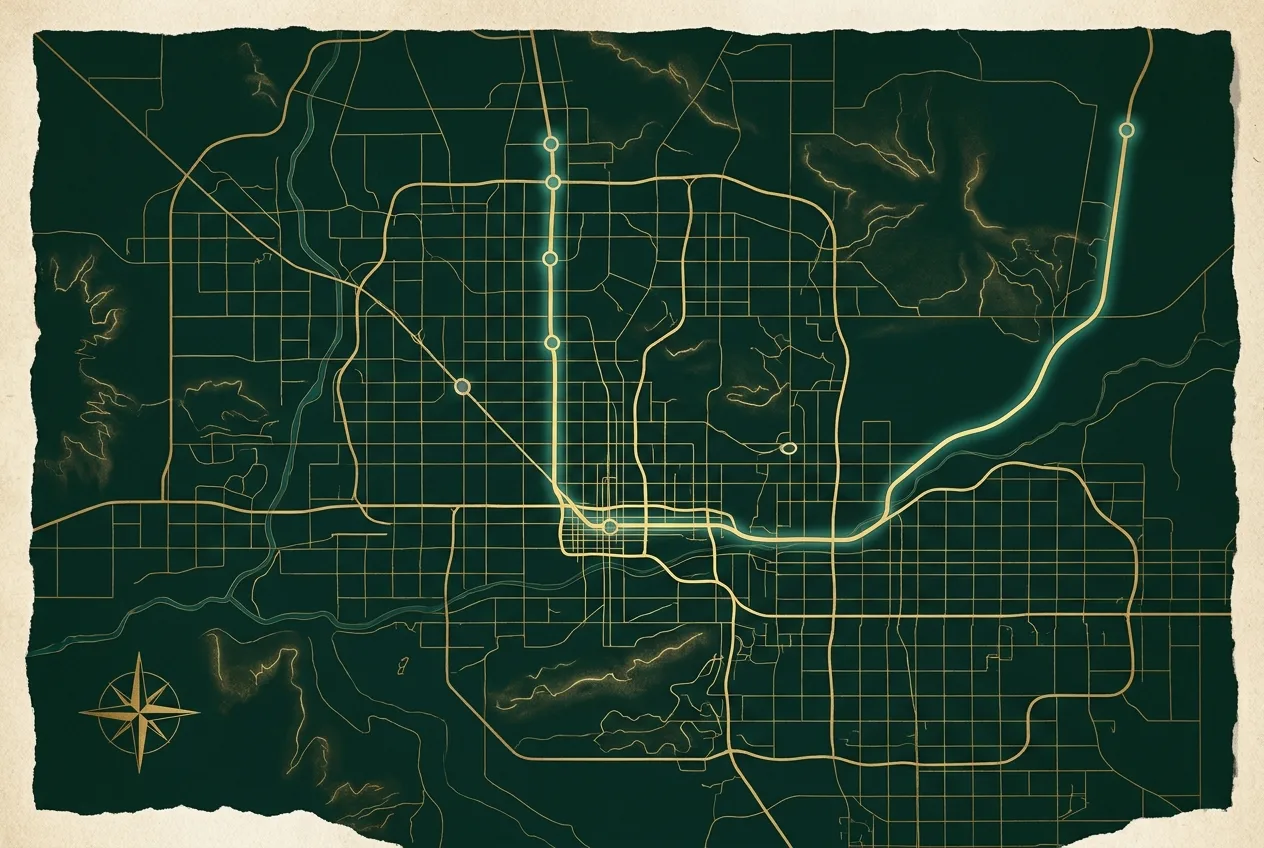 Editorial illustration of a gold route winding across a stylized map of the Phoenix and Scottsdale area.