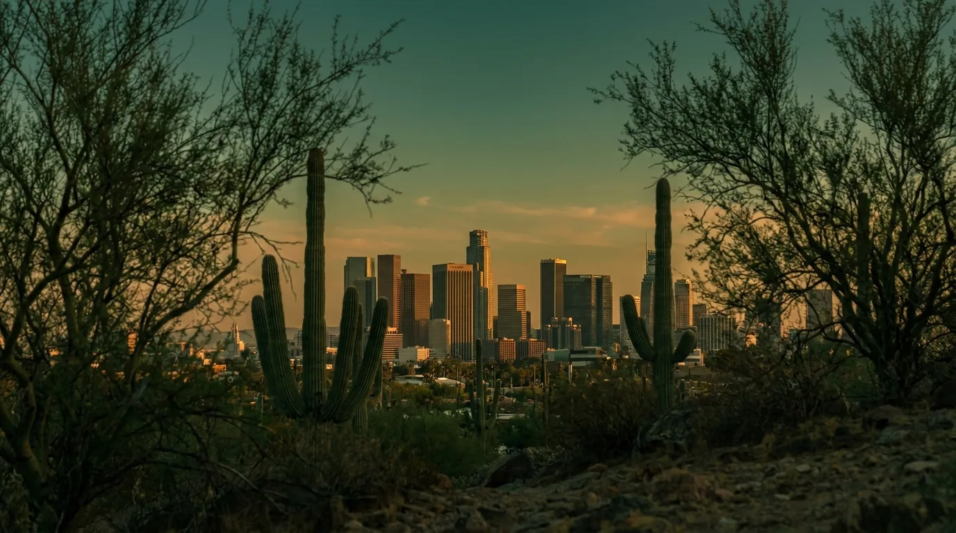 Downtown Phoenix skyline glowing in warm golden-hour light behind desert plants.