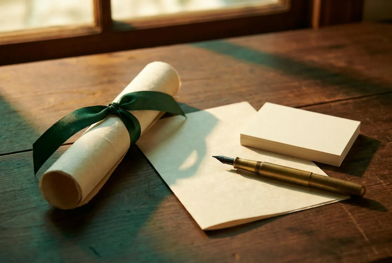Rolled cream parchment tied with a green ribbon on a walnut desk in warm evening light.