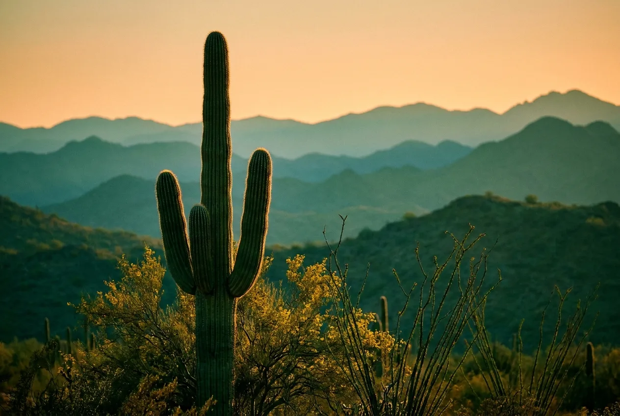 A saguaro cactus lit by golden-hour sun in front of layered desert mountains.