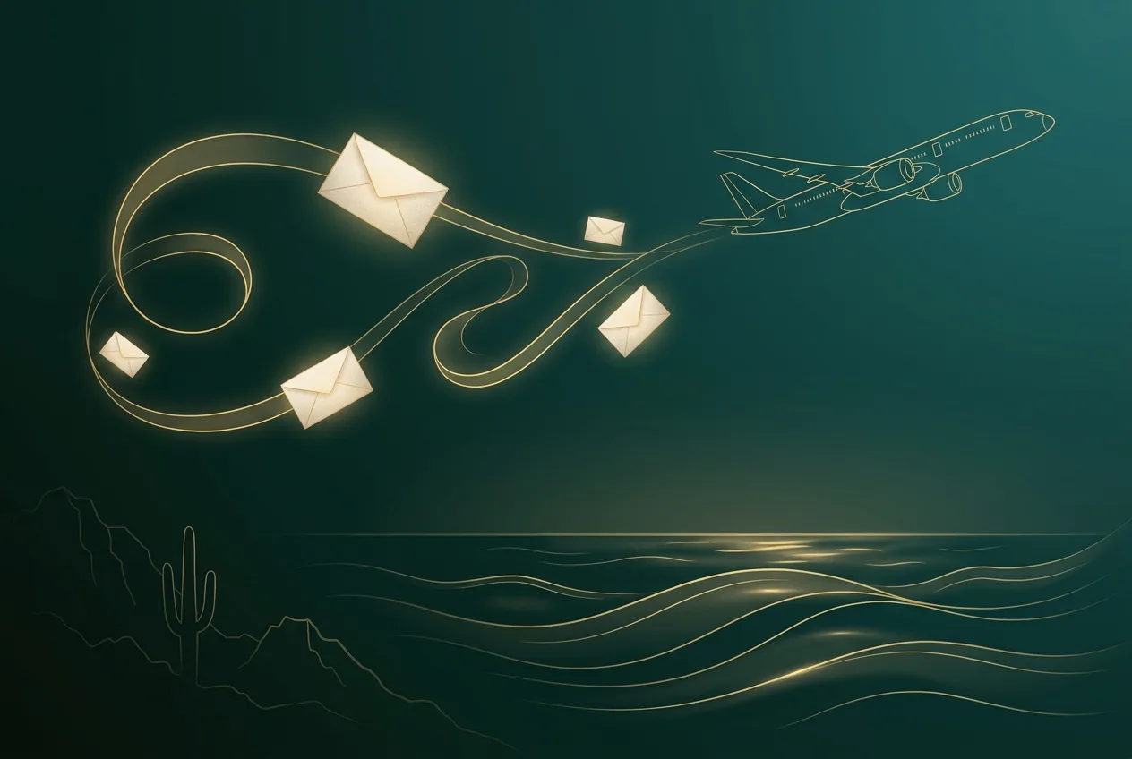 Gold-line illustration of a jet climbing over the ocean from the desert, trailing a ribbon with drifting envelopes.