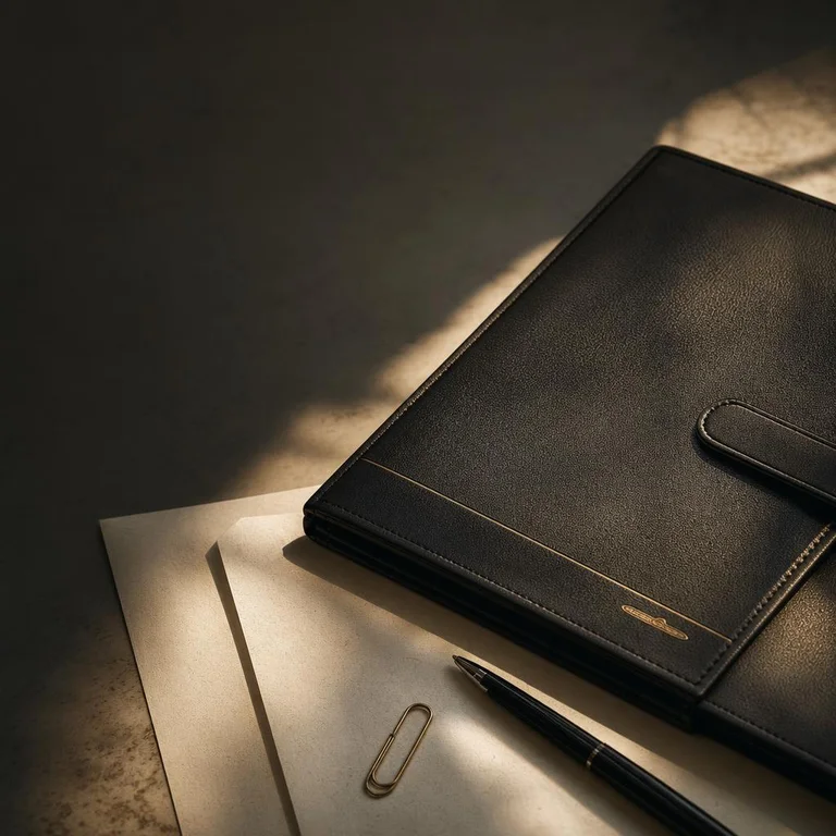 Carpeta de documentos, pluma y papel cálido bajo un haz de luz