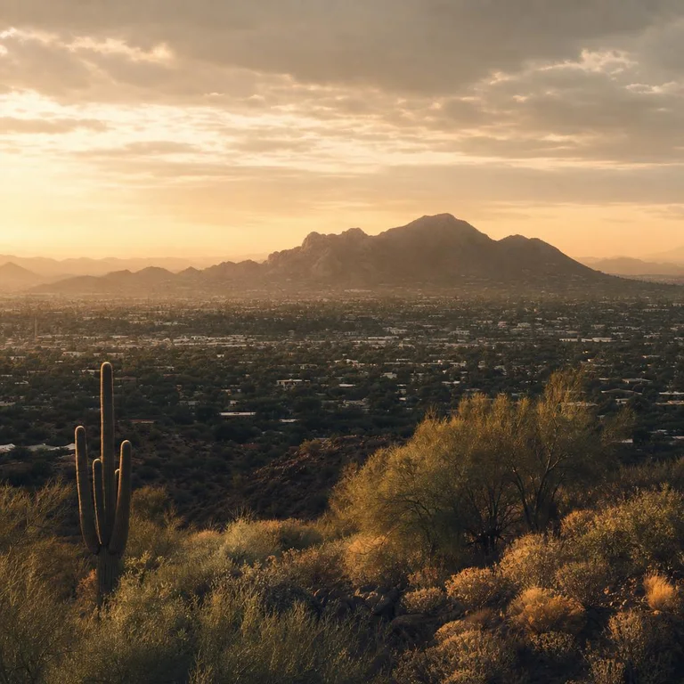 Phoenix skyline and Camelback Mountain at golden hour, seen from the desert foothills