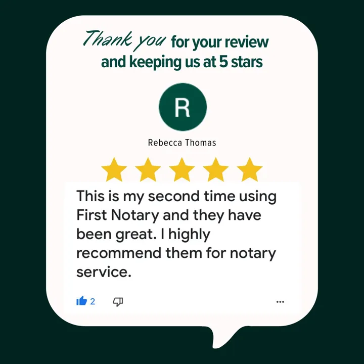 Five-star review from Rose Perkins: “We are so very pleased with the services from First Notary. They were easy to get help with all our needs, including providing a witness. So prompt, fast, reliable and felt we were in trusting hands.”