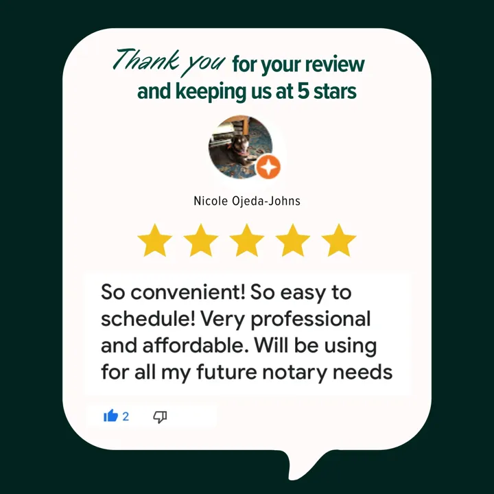 Five-star review from Rebecca Thomas: “This is my second time using First Notary and they have been great. I highly recommend them for notary service.”